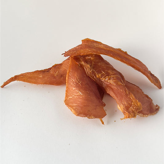 Honey-glazed free-range chicken breast jerky strips for dogs