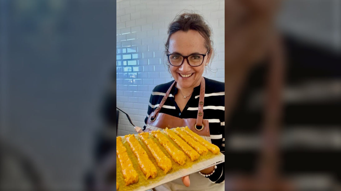Massy from Canivoro in the Sydney kitchen with a tray of dog treats ready for slow-drying