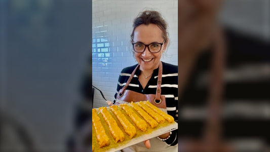 Massy from Canivoro in the Sydney kitchen with a tray of dog treats ready for slow-drying