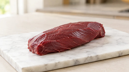 A whole raw kangaroo fillet on a marble board, the single protein in Canivoro kangaroo dog treats