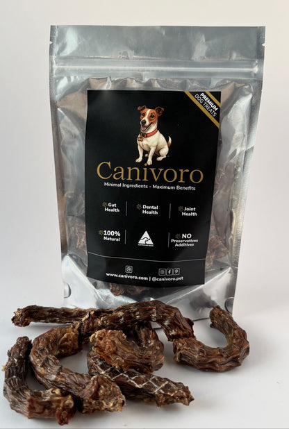 Canivoro Free-Range Chicken Necks pouch with dehydrated chicken necks in front