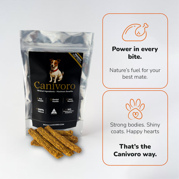 Canivoro Chicken Prime Sticks natural dog treats with the Canivoro pouch
