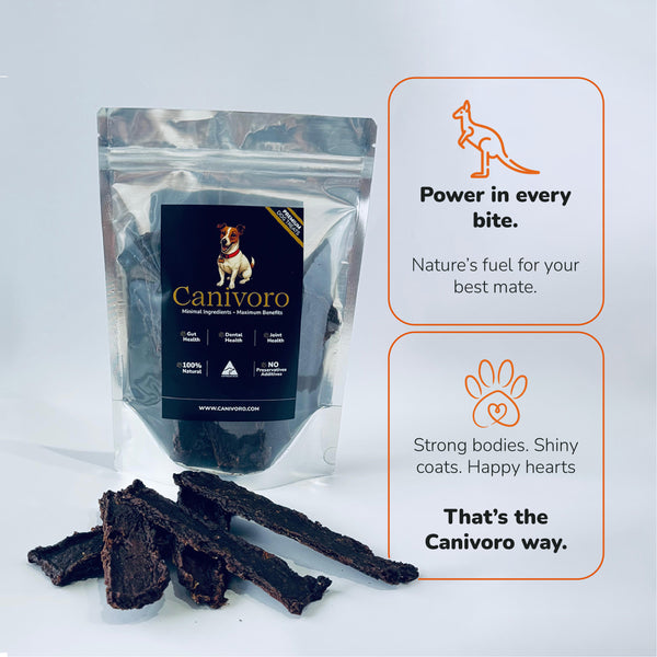 Canivoro Kangaroo Prime Strips dog treats with the Canivoro pouch