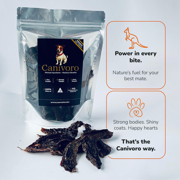 Canivoro Kangaroo Prime Jerky for dogs with the Canivoro pouch